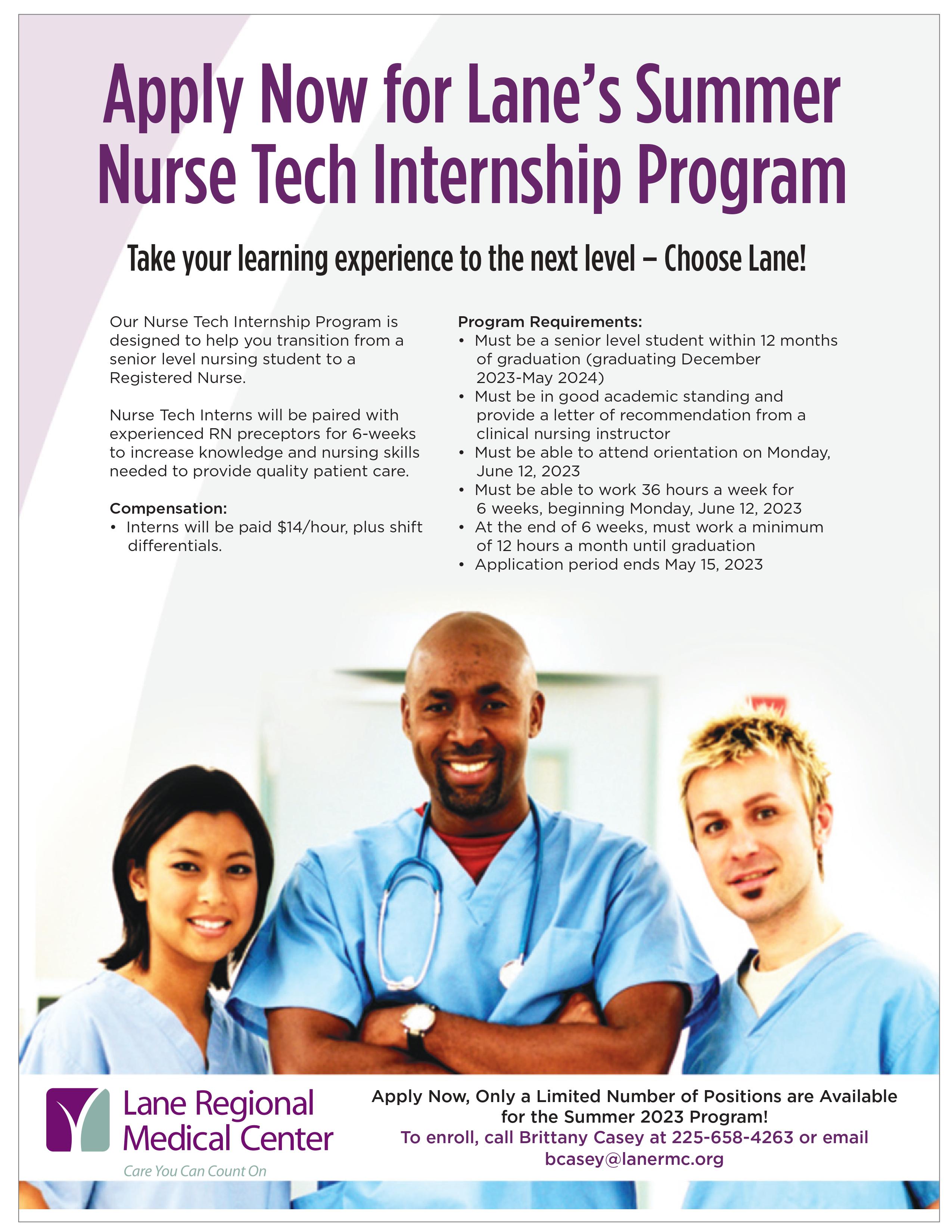 Apply Now for Lane’s Summer Nurse Tech Internship Program