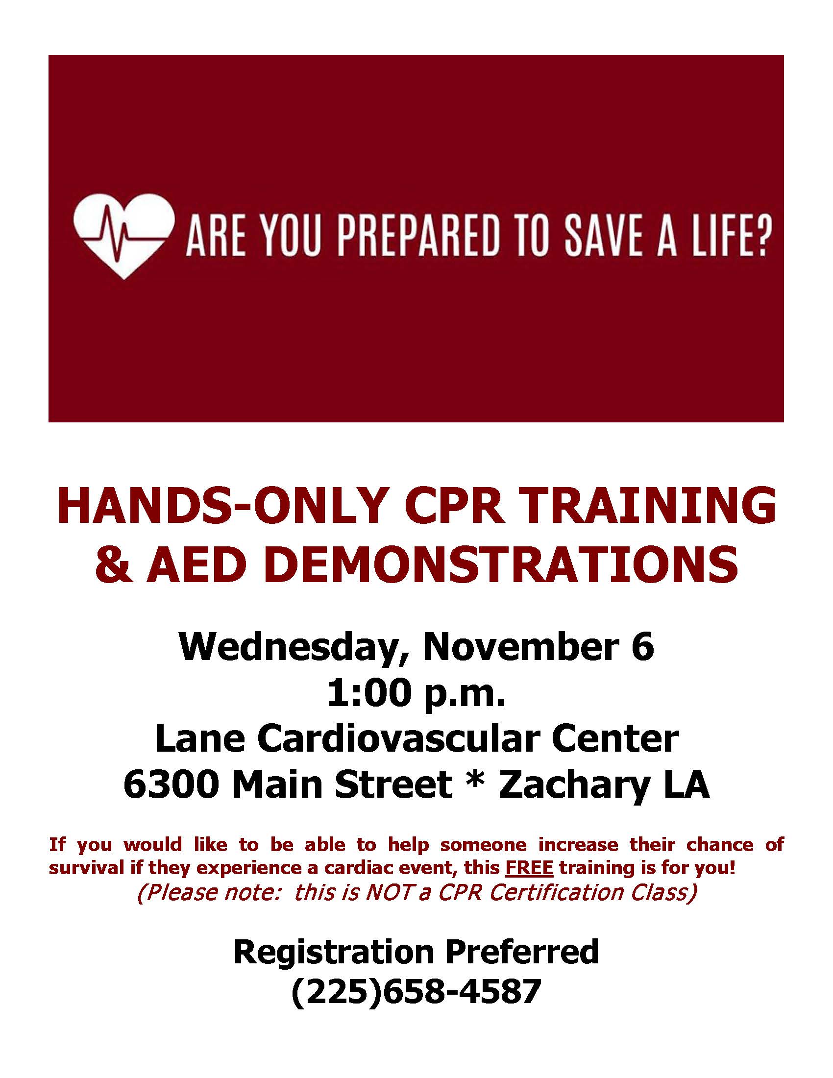 FREE Hands-Only CPR Training at Lane RMC November 6th