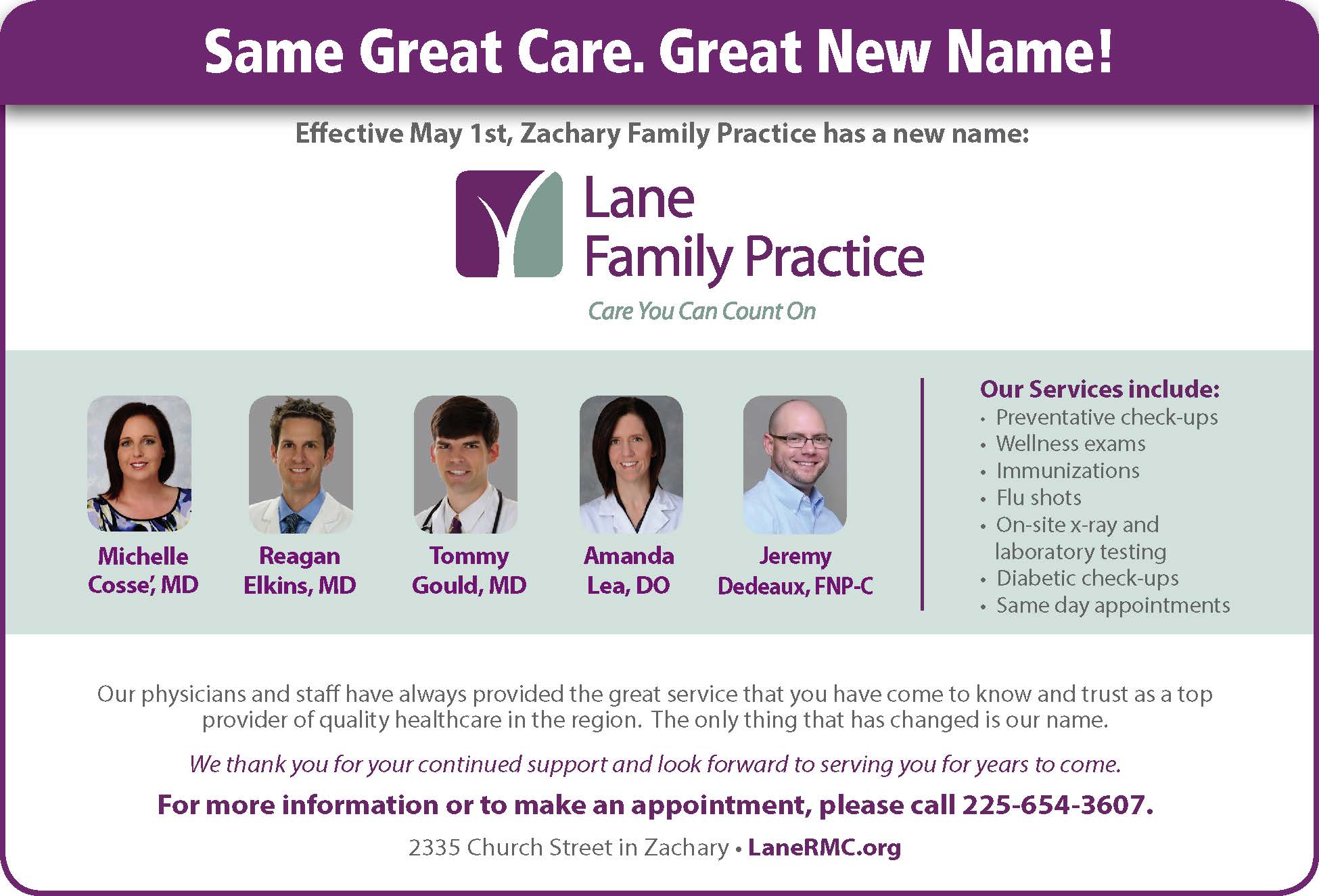 Zachary Family Practice is Now Lane Family Practice