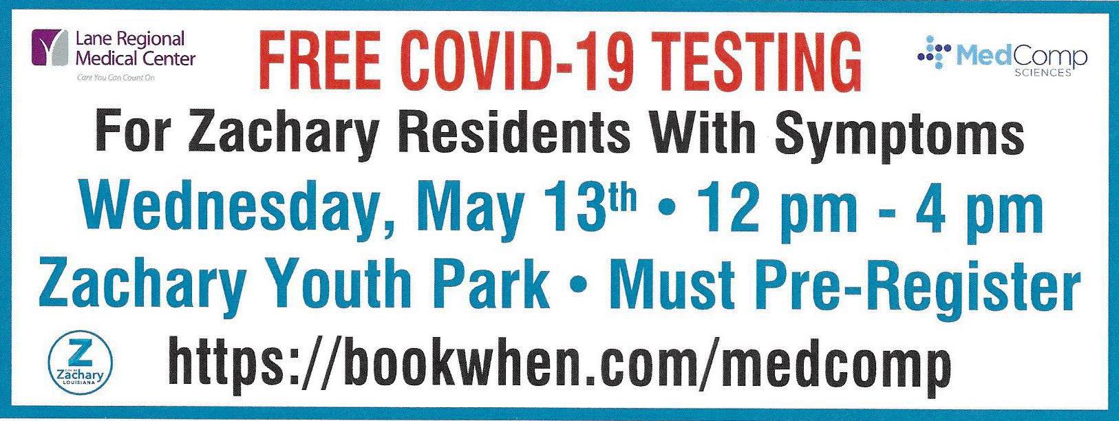 Free Covid-19 Testing for Zachary Residents Experiencing Symptoms