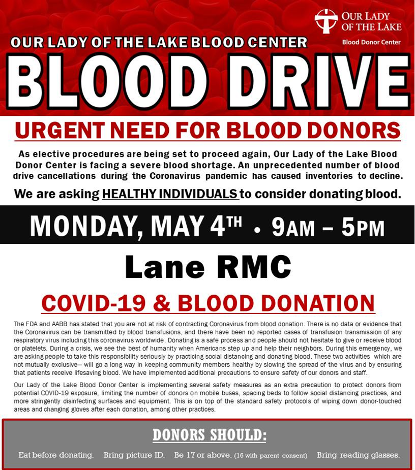 URGENT Need for Blood Donors - Blood Drive Set for Monday, May 4th